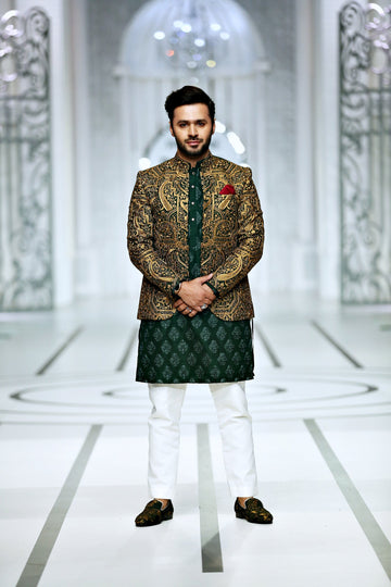 Green Color Copper Embroidered Prince Coat For Men